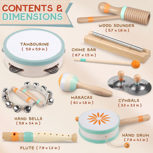 Baby Musical Instruments Set - Montessori Wooden Percussion Toys for Toddlers 1-3, Modern Boho Music Toys