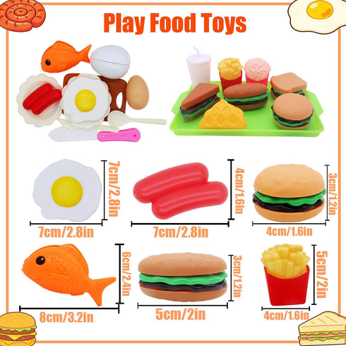 77Pcs 3 Pretend Play Kitchen Accessories for Kids, Cutting Fruits Vegetables Hamburger Toy Kitchen Accessories