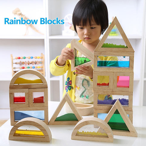 Rainbow Sensory Toys Blocks, 16 Large Wooden Building Blocks for Toddlers, Colorful Geometric Stacking Toy Set