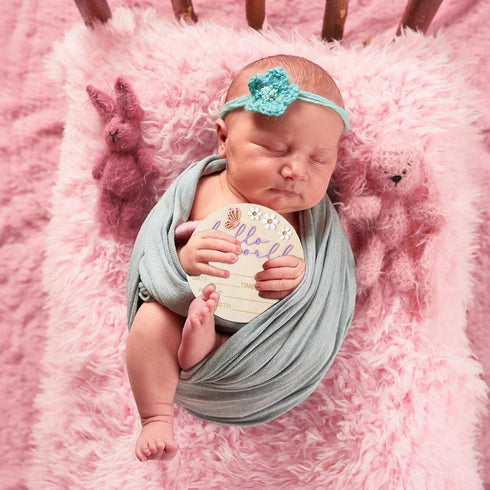 Ajcotahm 5.9 Inch Hello World Newborn Sign, Wooden Baby Announcement Sign Pink Butterfly Style Birth Welcome Board