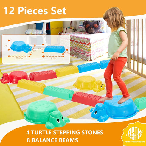 Balance Beams Stepping Stones for Kids - 12 Pcs Turtle Jumping Stones, Toddler Obstacle Course Coordination Game Toys