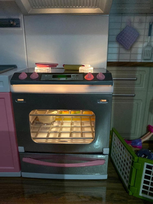 PowerTRC Mini Modern Doll Kitchen Play Set, Pink with Realistic Light & Sound for Kids