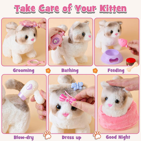 17 Playset 3 4 5 6 7 8, 3-8 TUZT PCS Cat Toys for Kids Girls, Realistic Walking Meowing Robot Cat Plush