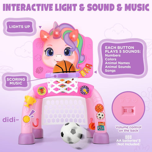 1 2 3 Liberry Toddler Basketball Hoop & Soccer Goal for Year Old Girls Boys, Kids Sports Toy with Lights Sounds Music