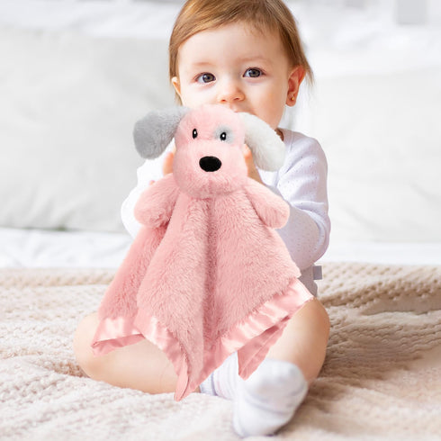 Puppy Baby Security Blanket for Toddler Infant Newborn Boys & Girls, Soft Lovey Stuffed Animal with Plush Fabric, Pink