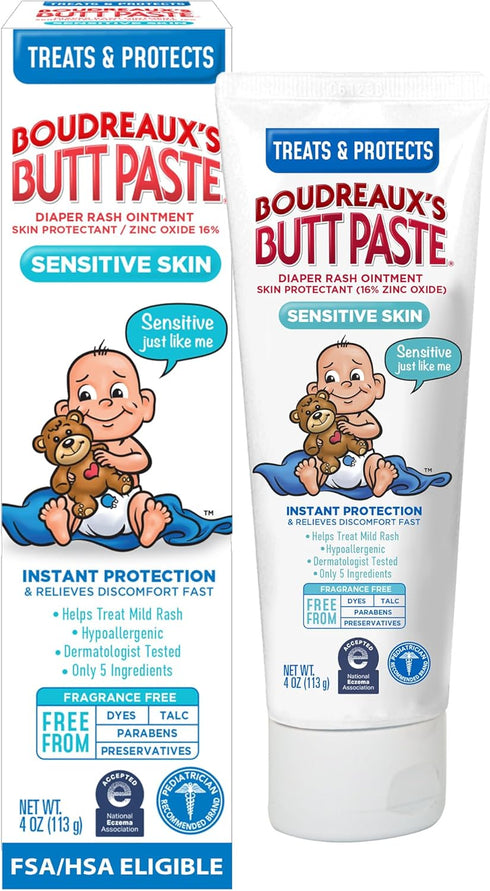 Boudreauxs Butt Paste Zinc Oxide Diaper Rash Cream, Hypoallergenic for Sensitive Skin,