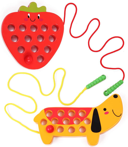 Wooden Threading Toys for 3 Year Olds, Fine Motor Skill Educational Montessori Travel Toy, 1 Strawberry & 1 Dog