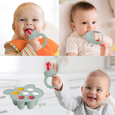 Baby Fruit Feeder & Breastmilk Popsicle Mold Set – 3 Pack Silicone Teething Relief Kit with Pacifier, Freezer Tray