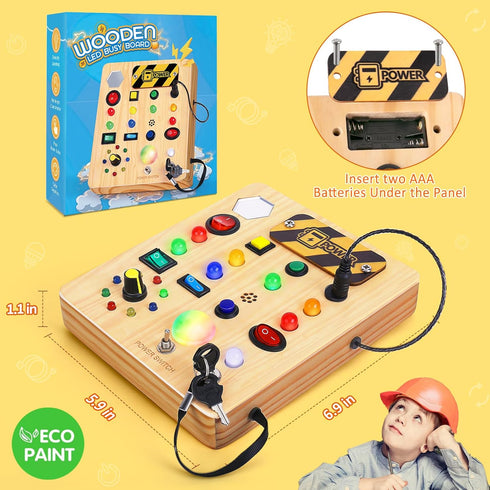 TINTECUSA Busy Board with LED Light, Wooden Sensory Toys for Toddler, Montessori Music Toy for Airplane, Travel