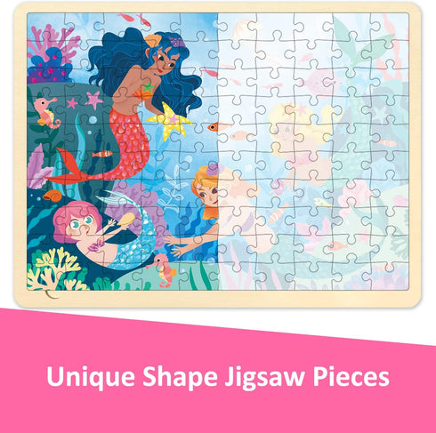 100 Piece Puzzles for Kids Ages 4-8, Wooden Puzzles for Kids Ages 3-5 with Unique Puzzle Pieces, Jigsaw Toddler Puzzles Ages 3-5 with Storage Tray Fun Mermaid
