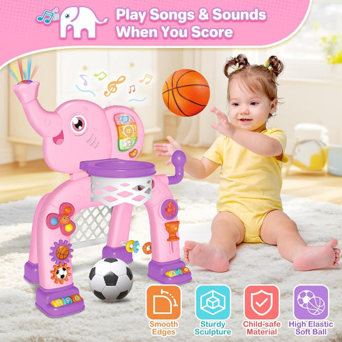 1 2 3 Shemira Toddler Basketball Hoop & Soccer Goal Activity Center Toys with Light & Music,Elephant Toddlers Musical
