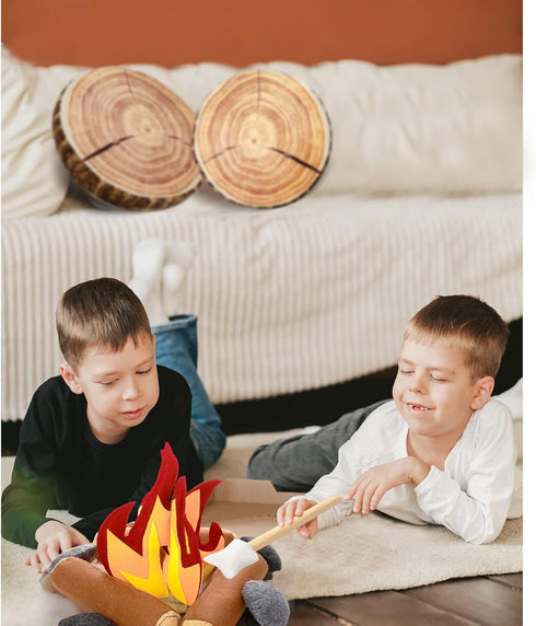 17 Pcs Pretend Camping Play Set - Decorative Round Throw Pillows, Safe Fake Campfire Plush Wood Shaped Floor Cushion