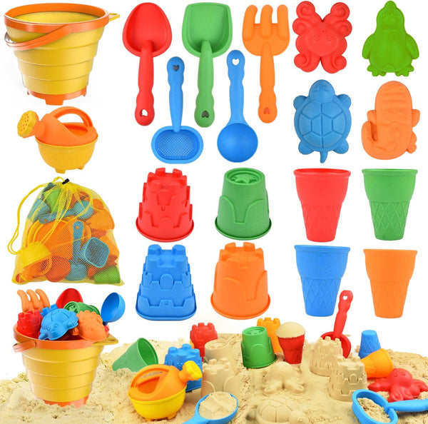 Beach Toys Set for Kids, Collapsible Sand Bucket and Shovels with Watering Can, Mesh Bag, Ice Cream & Animal Sand