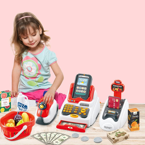 yoliyogo Playset 33pcs Set Pretend Play Cash Register Toy Role Play Shopping Cashier with Scanner Card Machine Toy