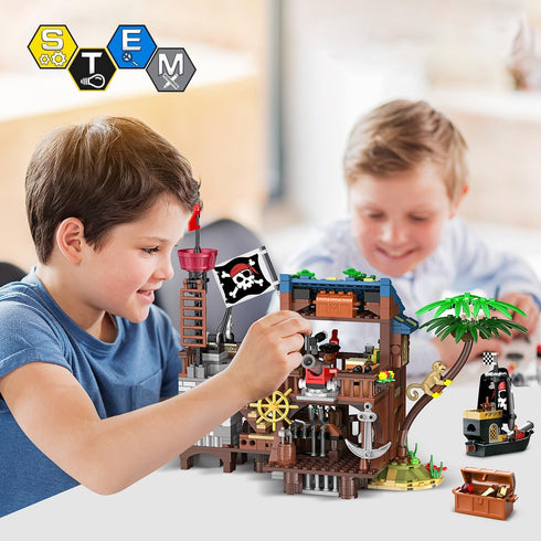Set 3 Set, 781PCS 6-12+ HOGOKIDS Pirate Ship House Building with LED Light - Style Modes Pirate Wharf Supply Center