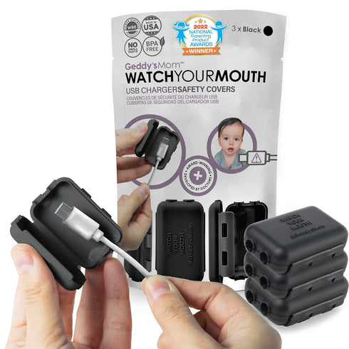 Geddy's Mom Watch Your Mouth - Child Safety USDB Port Plug Cover, BPA & Phthalate-Free (3-Pack, Black)
