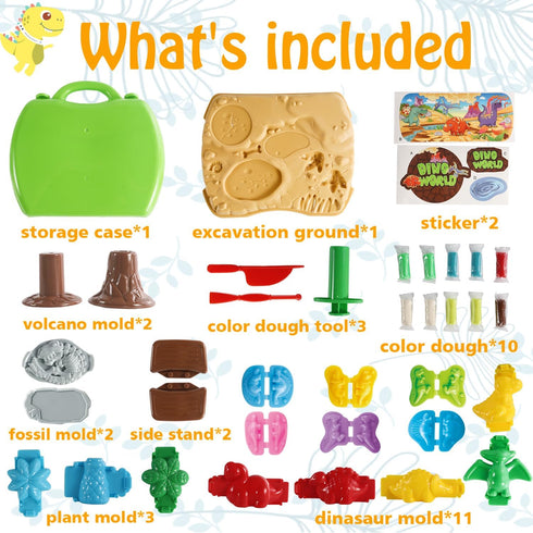 Sets 37 Dinosaur Color Dough Toys, Pieces Dino Theme Color Dough Tools Accessories with Volcano and Fossils for Boys