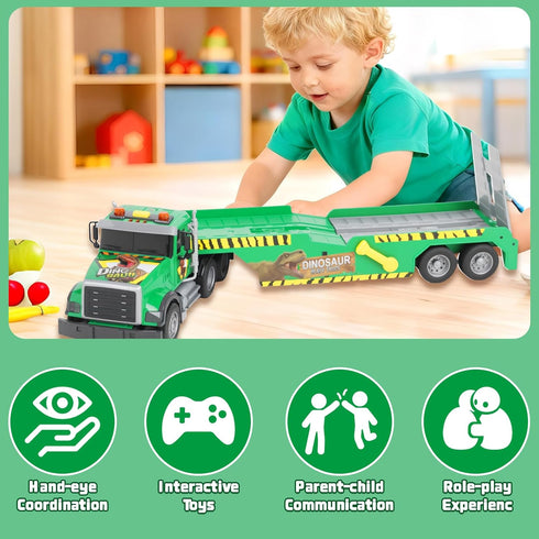 3 4 5 6+ Kids Dinosaurs Semi Trailer Truck Toys, Large Semi Flatbed Truck Toy with Helicopter and Dinosaurs, Lights