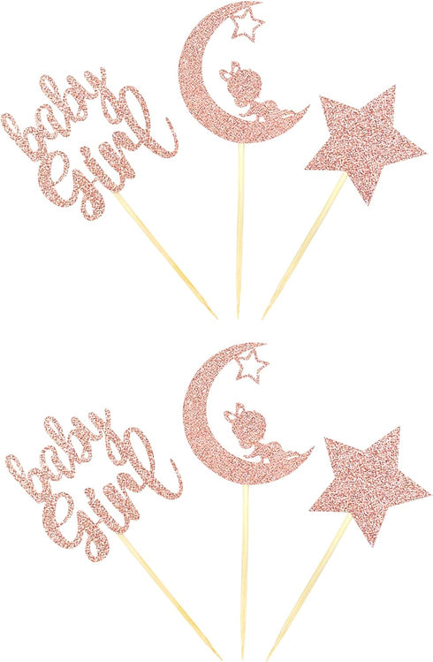 24 PCS Rose Gold Baby Girl Cupcake Toppers with Moon Star Glitter for Birthday Party Cake Decorations