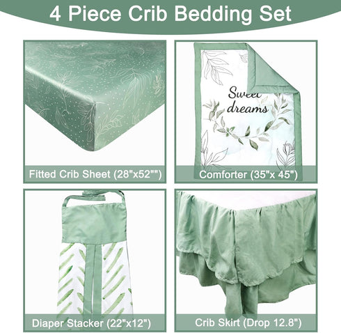 Set, 4-Piece Set, Set, Green Leaf Crib Bedding Baby Boy Bedding Neutral Nursery Bedding Fitted Crib Sheet, Crib Skirt