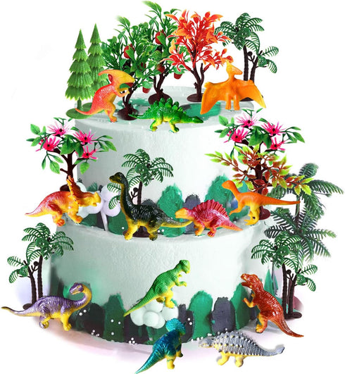 OrgMemory 27pcs Dinosaurs Trees Cake Decorations, Mini Dinosaur Toys for Crafts or Cake
