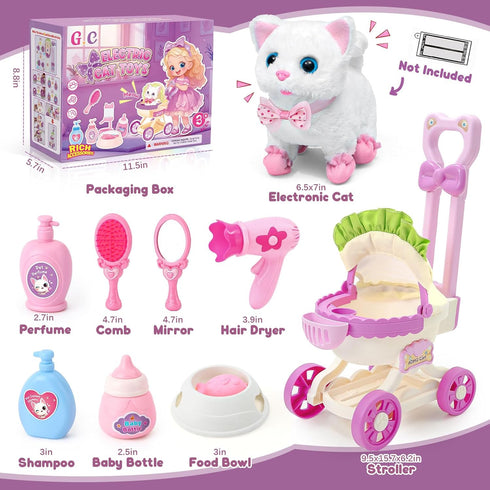 3 4 5 6 7 8 G.C Cat Toys for Kids Girls, Electronic Interactive Stuffed Cat Walk Meow and Wag Tail with Stroller Pet