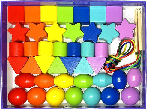 Intsinzi 46PCS Montessori Lacing Beads, Threading Toys for Toddlers, Wooden Fine Motor Skills Educational Toy for 3-6