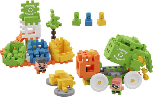 Mini Waffle City Garbage Truck Construction Playset with 148 Flexible Blocks and 2 Characters - STEM Montessori Toys