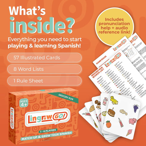 Lingrow Go! 57 9 Spanish Games for Kids Bilingual Card Game | Learn Food & Drink Words | Ways to Play with Audio |