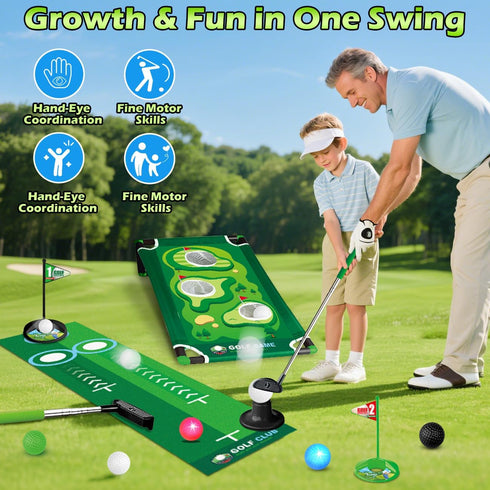 3 1 Set 3-8 3+ TERRAMUS in Kids Golf with Dinosaur Automatic Golf Returner, Golf Cornhole Board, Led Light Up Balls