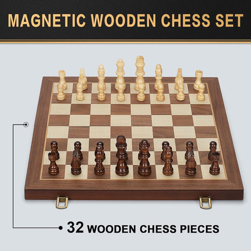 Jumlys Set, 15" 2 Set Magnetic Wooden Chess Folding Chess Board with Extra Queens, Portable Travel Chess with Pieces
