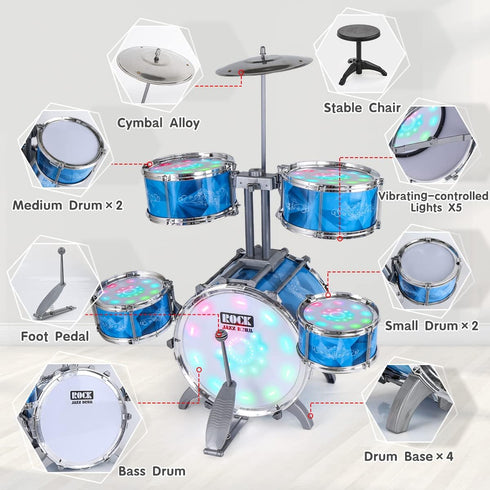 Kids Drum Set for Toddlers with 5 High Drums & Lights, Vibrating-Controlled Drum Kit Musical Instruments for Ages 1-5