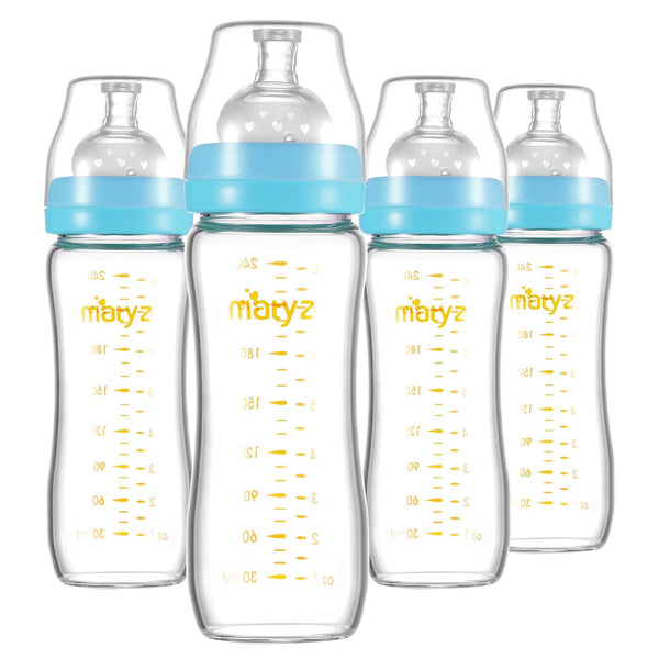 Matyz Glass Breastmilk Baby Feeding Bottle with Nipple, 4 Pack, 8 oz