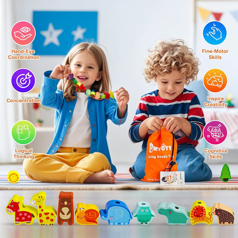 BMTOYS Montessori Educational Threading Toys, Wooden Stringing Farm Animals, Fruits Lacing Beads Preschool Toy for