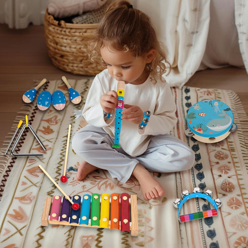 Wooden Musical Instruments Set for Toddlers 1-3, Natural Wood Percussion Instruments Gift Set with Storage Bag
