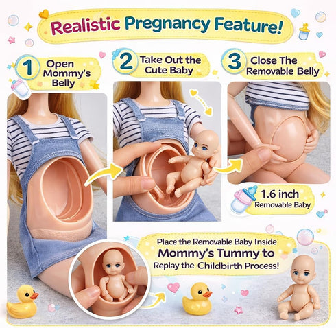 Set 6 12 Inch Mommy Set 3+ Pregnant Dolls of People with Removable Baby, Realistic Doll for Kids, Educational Pregnancy