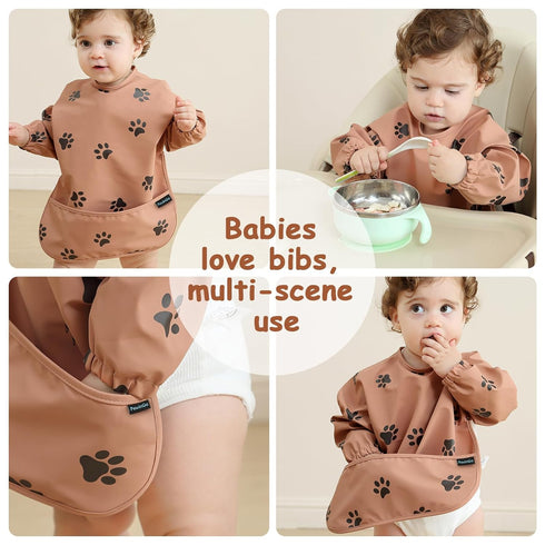 PewinGo Weaning Bib with Long Sleeves - Soft Waterproof Coverall Bibs for Baby Feeding, Easy to Clean (Orange)