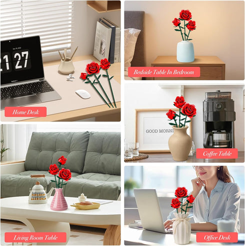 eafzv Set, 3 162 Mother's Day Flowers Bouquet Building Artificial Red Roses Botanical Collection Building Block