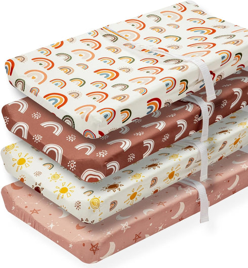 Jola's House 4 Pack Boho Nursery Sheets - Sunshine and Rainbow Design, Neutral Unisex