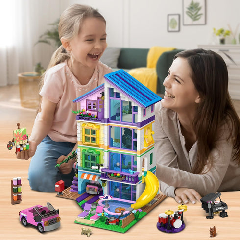 Set 1317 4 8-14+ HOGOKIDS Girls House Building with LED Light - PCS Friends Villa Block Toy with Car and Pool, Garden