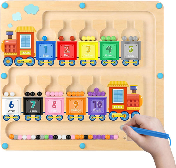 Magnetic Color and Number Maze Toy, Wooden Magnet Balls Puzzles Board for Fine Motor Skills, Montessori Gift for Kids