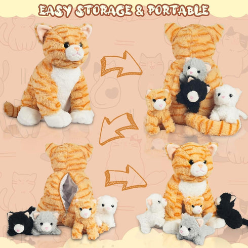 5 1 Mommy 4 Pieces Cat Stuffed Animal with Babies Inside Belly Stuffed Cat Toy with Baby Plush Kittens, Orange Tabby