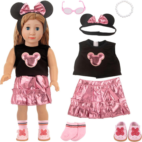 Minnie Themed Cosplay Kit for 18 Inch Girl Dolls, 9 Pcs Accessories Including Dress, Hairband & Shoes