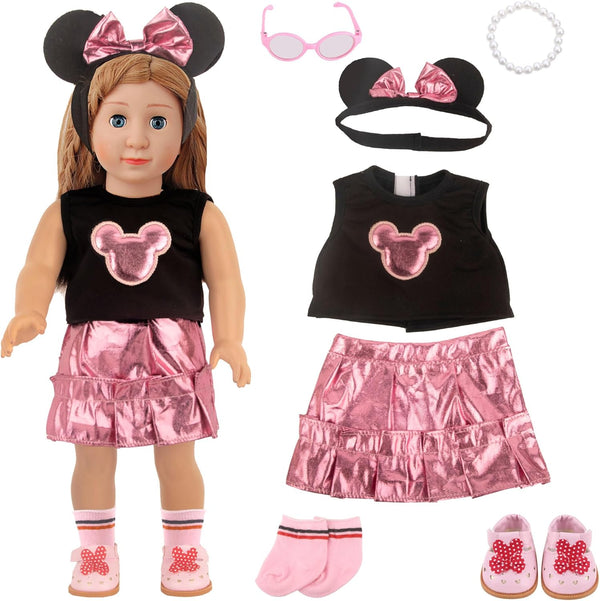 Minnie Themed Cosplay Kit for 18 Inch Girl Dolls, 9 Pcs Accessories Including Dress, Hairband & Shoes