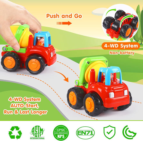 Inertia Toy Early Educational Toddler Cars, Friction Powered Push and Go Vehicles for Kids, 4PCS Gift Set