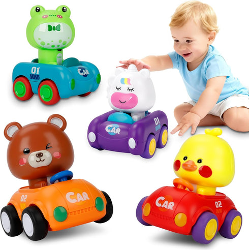 1-3, 4 Pack Set 6-9-12-18 1st 1-2 Press and Go Car Toys for Toddlers Friction Powered Baby Push Cars, Infant Play