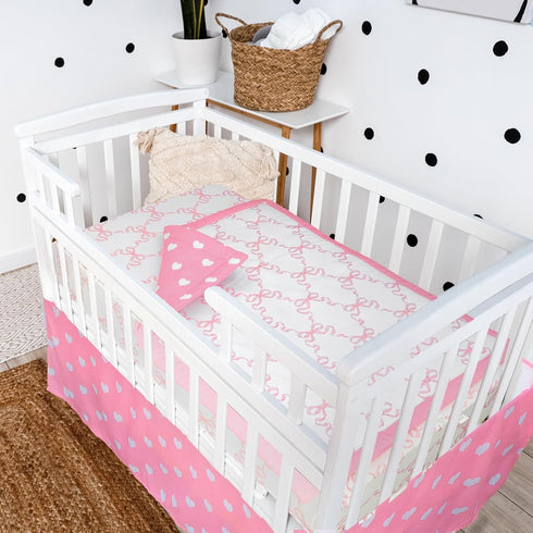 Hahafelt 3 Set Set Pcs Baby Girls Crib Bedding Coquette Pink Bow Baby Bedding for Girls Coquettish Pink Heart Bow