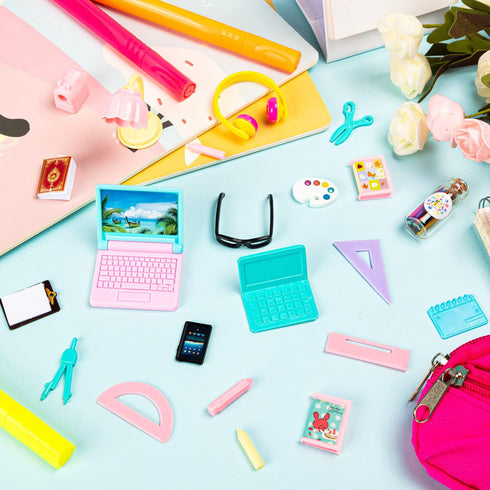 FFNIU 30Pcs Backpack Set Mini School Supplies, Doll School Supplies Includes Mini Doll Laptops Glasses Blackboard Book