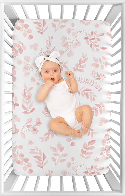 Pack Sweet Jojo Designs Blush Pink and White Floral Leaf Girl Fitted Mini Crib Sheet Baby Nursery for Portable Crib