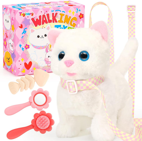Tagitary Electronic Toy Cat Walking and Meowing, Interactive Toy for Kids with Leash, Gift for Toddlers